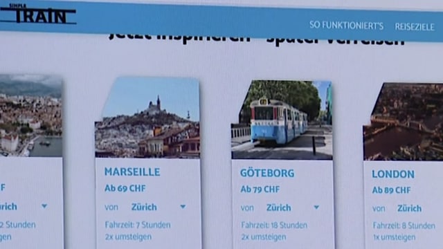 Blick auf die Webseite von Simple Train mit Bildern von Zugbilletten