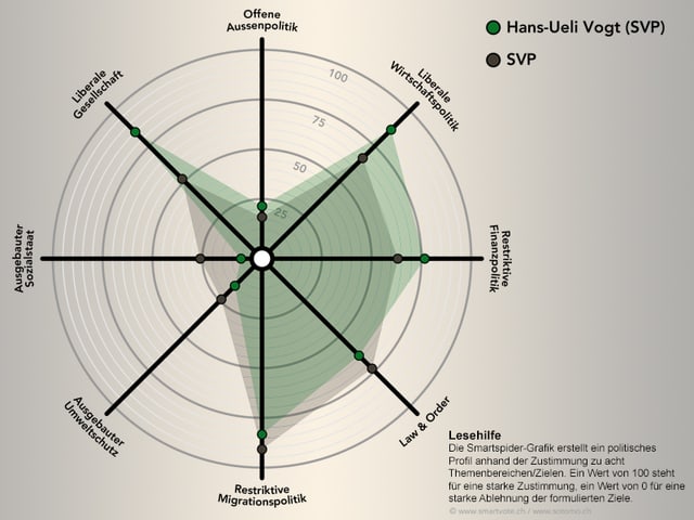 Der Smartspider zeigt: Hans-Ueli Vogt ist in Gesellschaftsfragen deutlich liberaler als seine Partei, die SVP.
