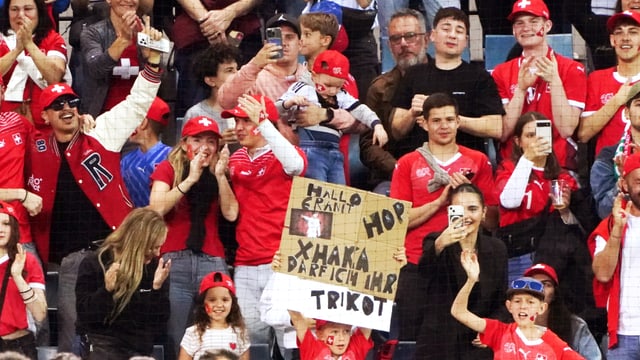 Fussballfans in Schweizer Trikots feiern auf der Tribüne.