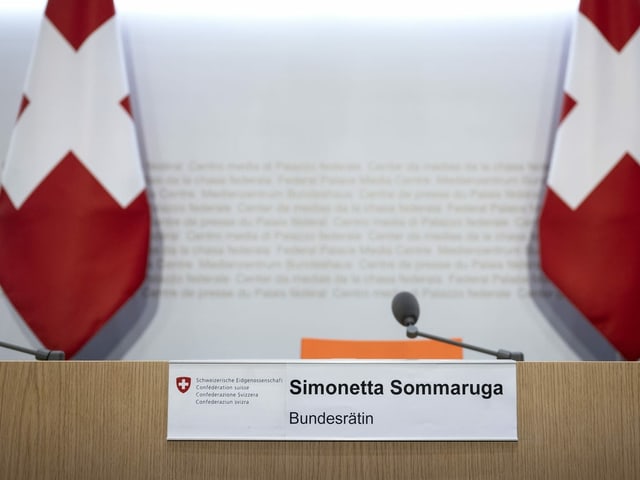 Rednerpult mit Namensschild von Bundesrätin Simonetta Sommaruga.