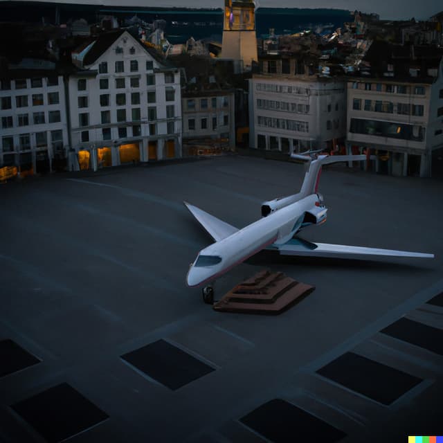 Mit KI erzeugtes Bild eines Privatjets auf einem Platz zwischen Häusern.