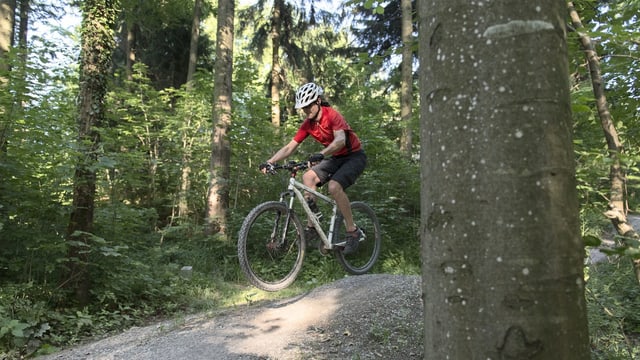 Mountainbikerin fährt auf einer Schotterpiste durch den Wald