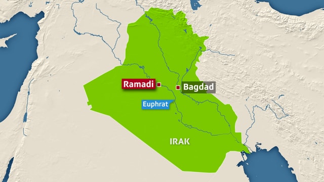 Eine Karte des Irak mit den Städten Ramadi und Bagdad.