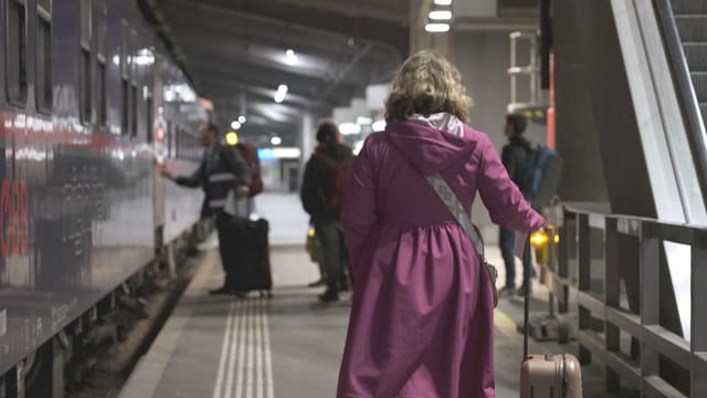 Ein Nachtzug steht am Abend an  einem Perron. 