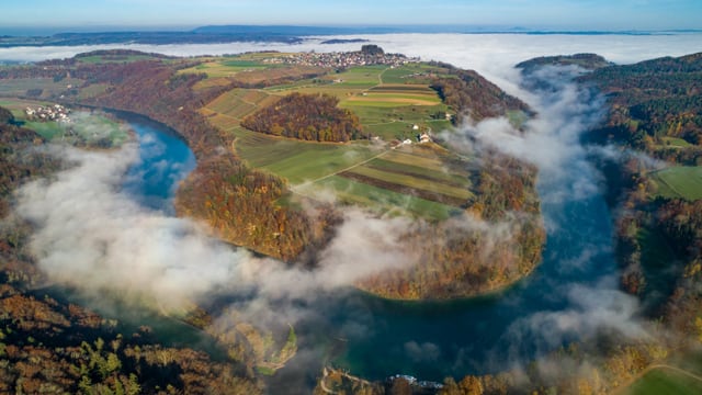 View from drone of fog over the Rhine in Tössegg, Irchel (right) and Buchberg / SH are free of fog.