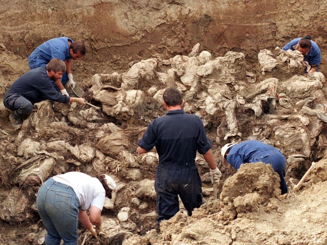 Auf einem Feld untersuchen internationale Forensiker die verwesten Leichen.