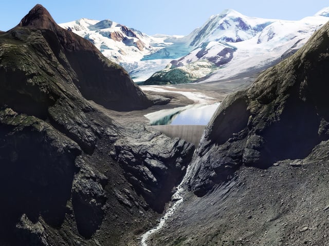 Visualisierung der Staumauer (85 Meter hoch) am Fusse des Gornergletschers.