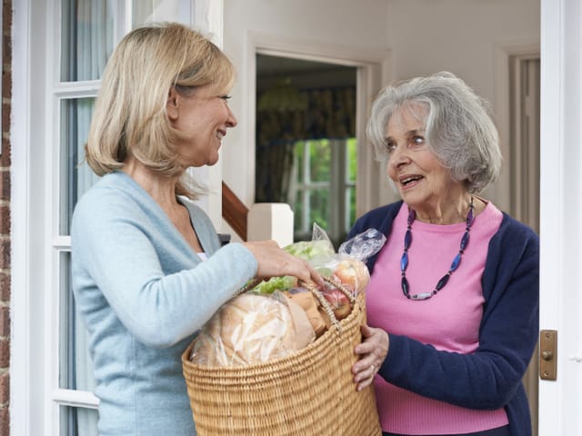 eine Frau übergibt einer Seniorin eine Tasche mit Einkäufen.