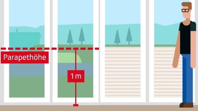 Grafik: Ein Mann, der vor einer Fensterfront steht. Zwei der vier Fenster werden zur Hälfte von Plissees bedeckt.