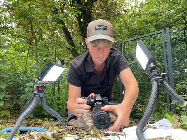 Person fotografiert im Freien mit Kamera und Lichtern.