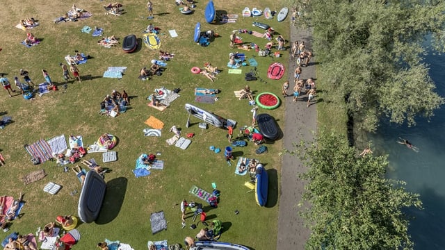 Bird's eye view in Marzilibad, people sunbathe on the grass