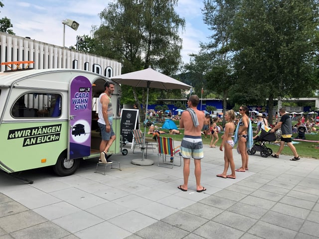 Zum letzten Mail die Attraktion des Platzes: Unser Wohnwagen im Luzerner Lido. 