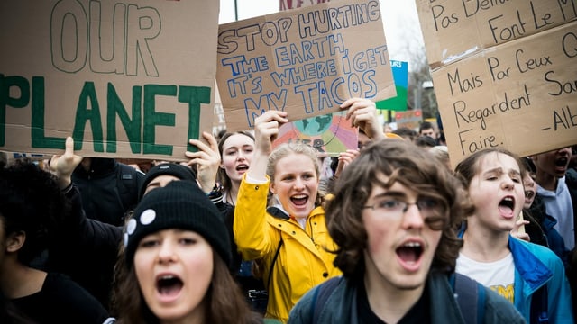 Young people protest at a climate fair and hold banners for greater environmental protection.