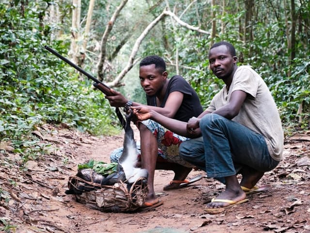 Zwei Männer mit einer Schrotflinte und einem Tier im Wald.