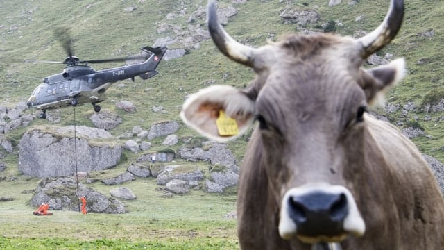 Ein Helikopter liefert Wasser.