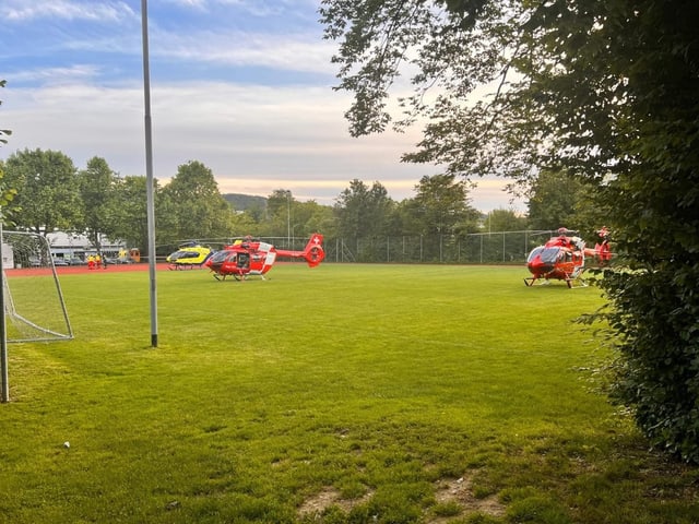 Helikopter auf Wiese.