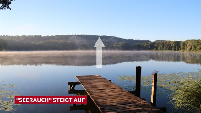 Ein Pfeil verdeutlicht, wie die Nebelschwaden aus dem See in die Höhe steigen. Sogenannter "Seerauch".