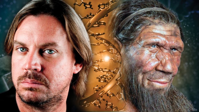 Fotomontage von einem Homo Sapiens, der DNA-Doppelhelix und einem Neandertaler.