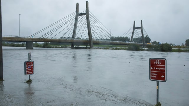 Der Rhein war bis zu den Dammkronen gefüllt.