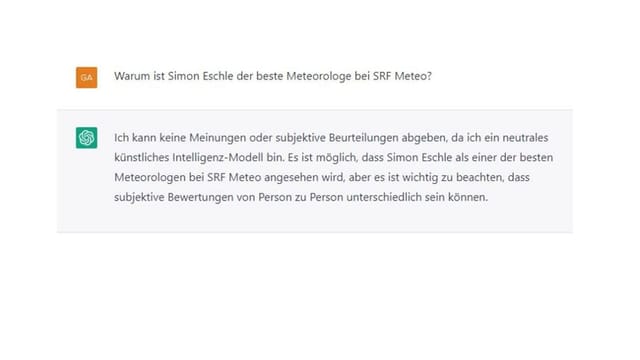 Automatisch generierte Antwort zur Frage, ob Simon Eschle der beste Meteorologe ist.