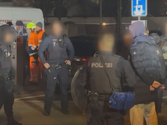 Polizisten mit geblurrten Gesichtern, eine Person mit Handschellen von hinten