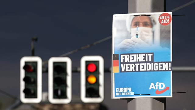 Wahlplakat der AfD neben Ampeln mit rotem Signal.