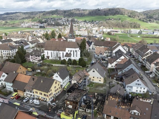 Brandort im Zentrum von Elgg aufgenommen in der Vogelperspektive.