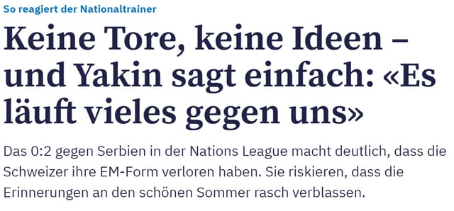 Schlagzeile über die Niederlage der Schweiz gegen Serbien in der Nations League.