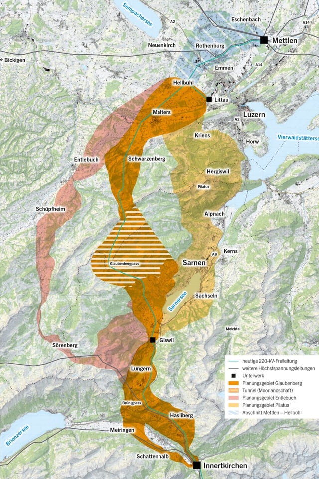 Karte mit eingefärbten Planungsgebieten für eine Hochspannungsleitung