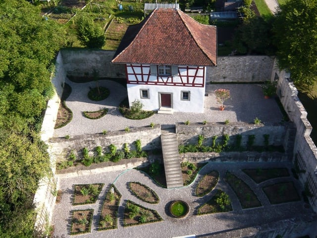 Ein Häuschen mit einem schön angeordneten Garten. 