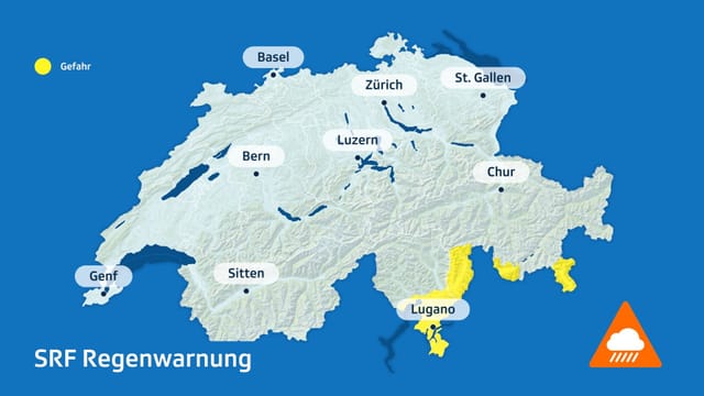 Schweizerkarte mit gewarnten Region wegen Regen. Betroffen die Alpensüdeseite..