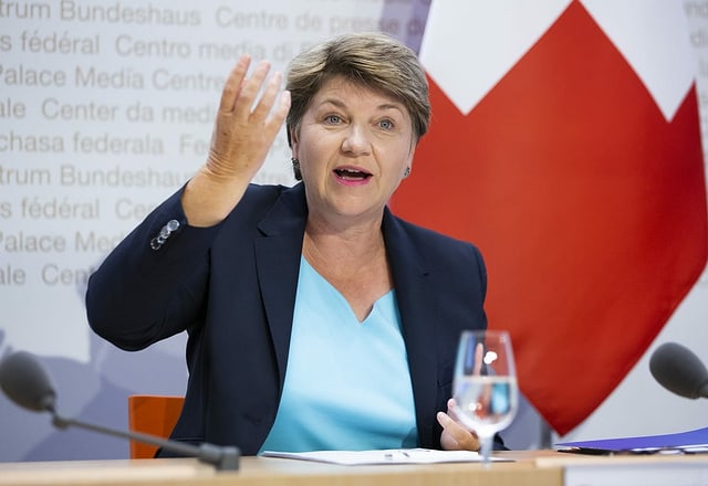 Viola Amherd gestures at the lectern.