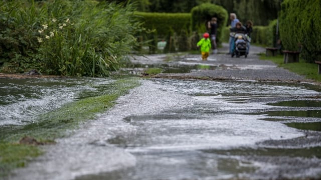 Der Thunersee schwappt über, am Donnerstag, 14. Juli 2021, im Gwatt in Thun.