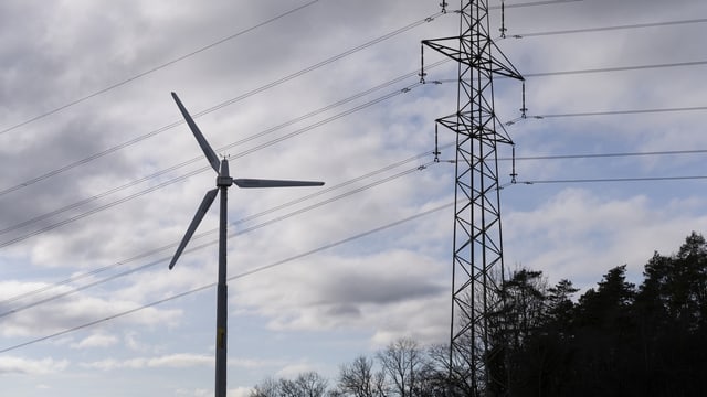 Ein Windrad steht neben einem Strommast- 