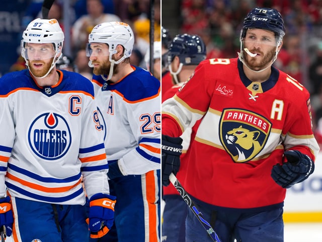 Edmontons Connor McDavid und Leon Draisaitl gegen Floridas Matthew Tkachuk.