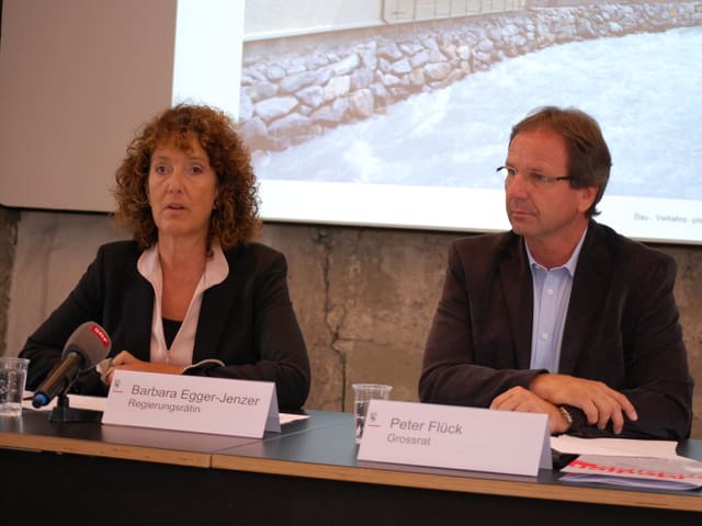 Regierungsrätin Barbara Egger und Peter Flück sitzen nebeneinander vor einem Bild mit Fluss.