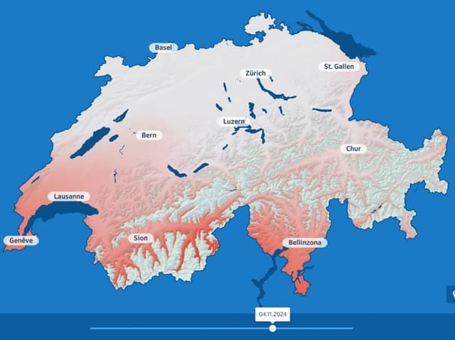 Karte der Schweiz mit Städtenamen und Höhenangaben.