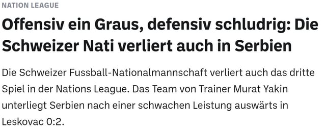 Schlagzeile über die Niederlage der Schweizer Fussball-Nationalmannschaft gegen Serbien in der Nations League.