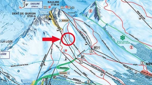 Das Skigebiet von Méribel mit einem roten Keis um die Unfallstelle von Michael Schumacher