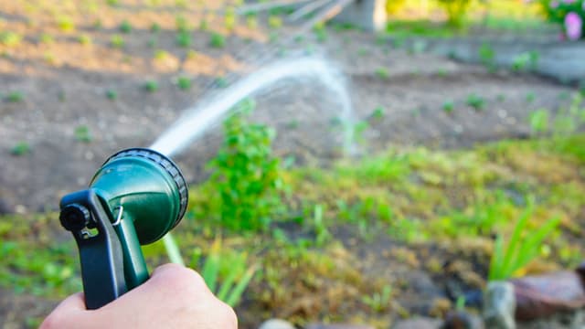 Mit einem Spritzaufsatz giesst eine Person ihren Garten.