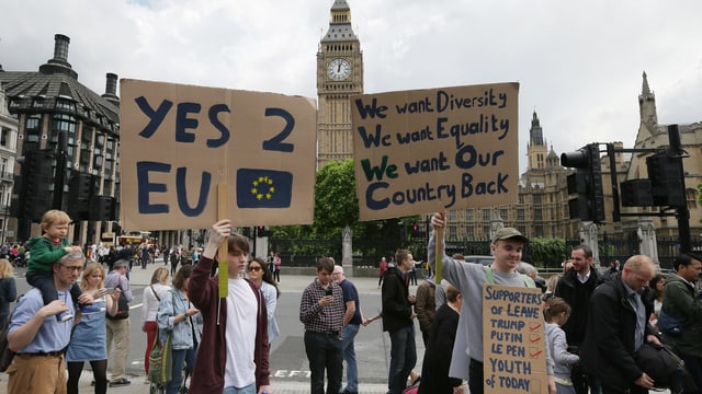 EIn junger Brexit-Gegner hält ein Schild hoch, dahiner der Glockenturm Big Ben