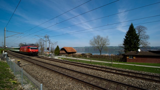 Ein Zug fährt an einem See entlang auf der Strecke nach Luzern.