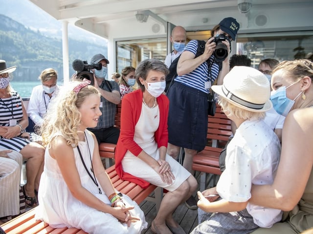 Sommaruga mit Maske auf einem Schiff bei der Fahrt zum Rütli