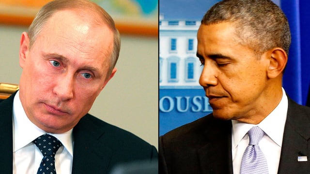 Portrait-Montage von Wladimir Putin und Barack Obama.