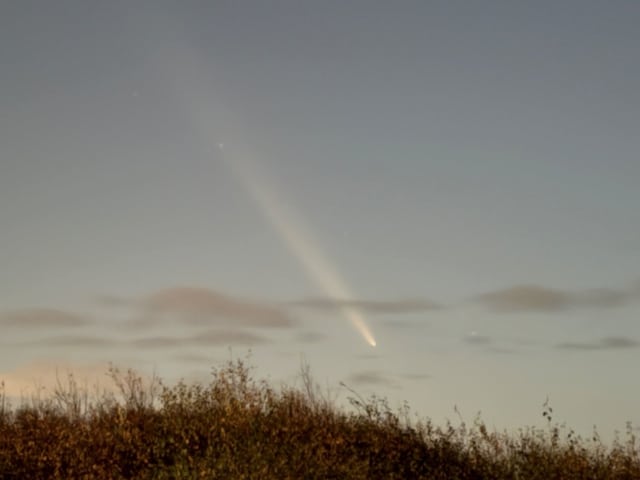 Komet am Nachthimmel über einer Feldsilhouette.