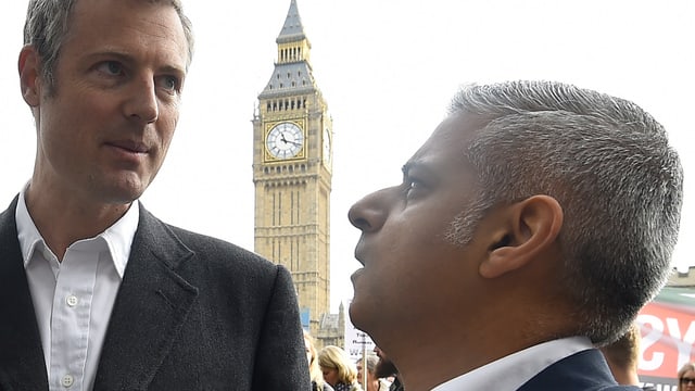 Zac Goldsmith (l.) und Sadiq Khan, im Hintergrund der Big Ben. 