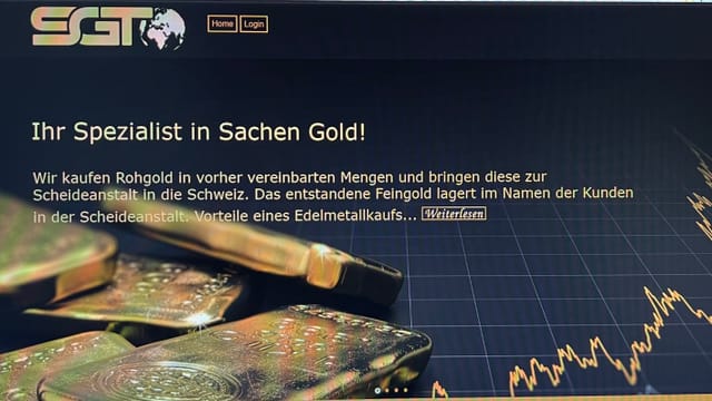 Webseite mit Werbung für Goldhandel, Goldbarren im Vordergrund, Firmenlogo oben links.