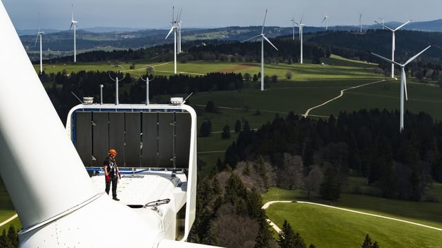 Ein Mann steht auf einer Windturbine, im HIntergrund weitere Turbinen.