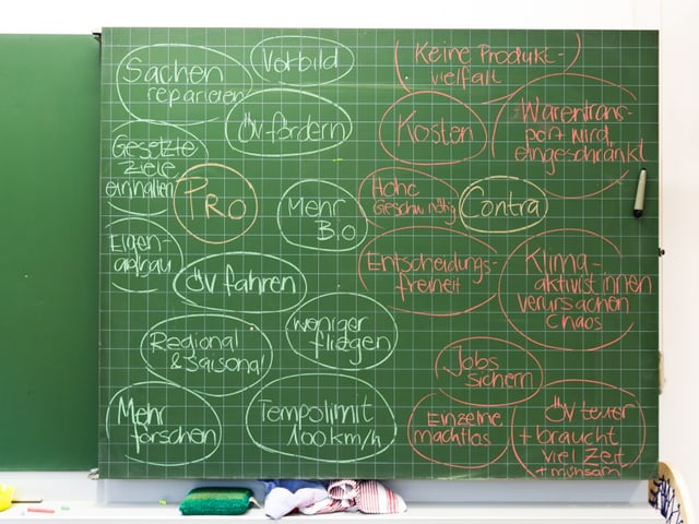 Wandtafel mit Pro und Kontra Argumenten zum Thema Klimaschutz.