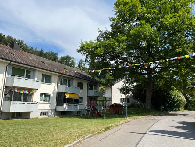 Eine Dorfstrasse in Rikon wird von tibetischen Gebetsfahnen überspannt.